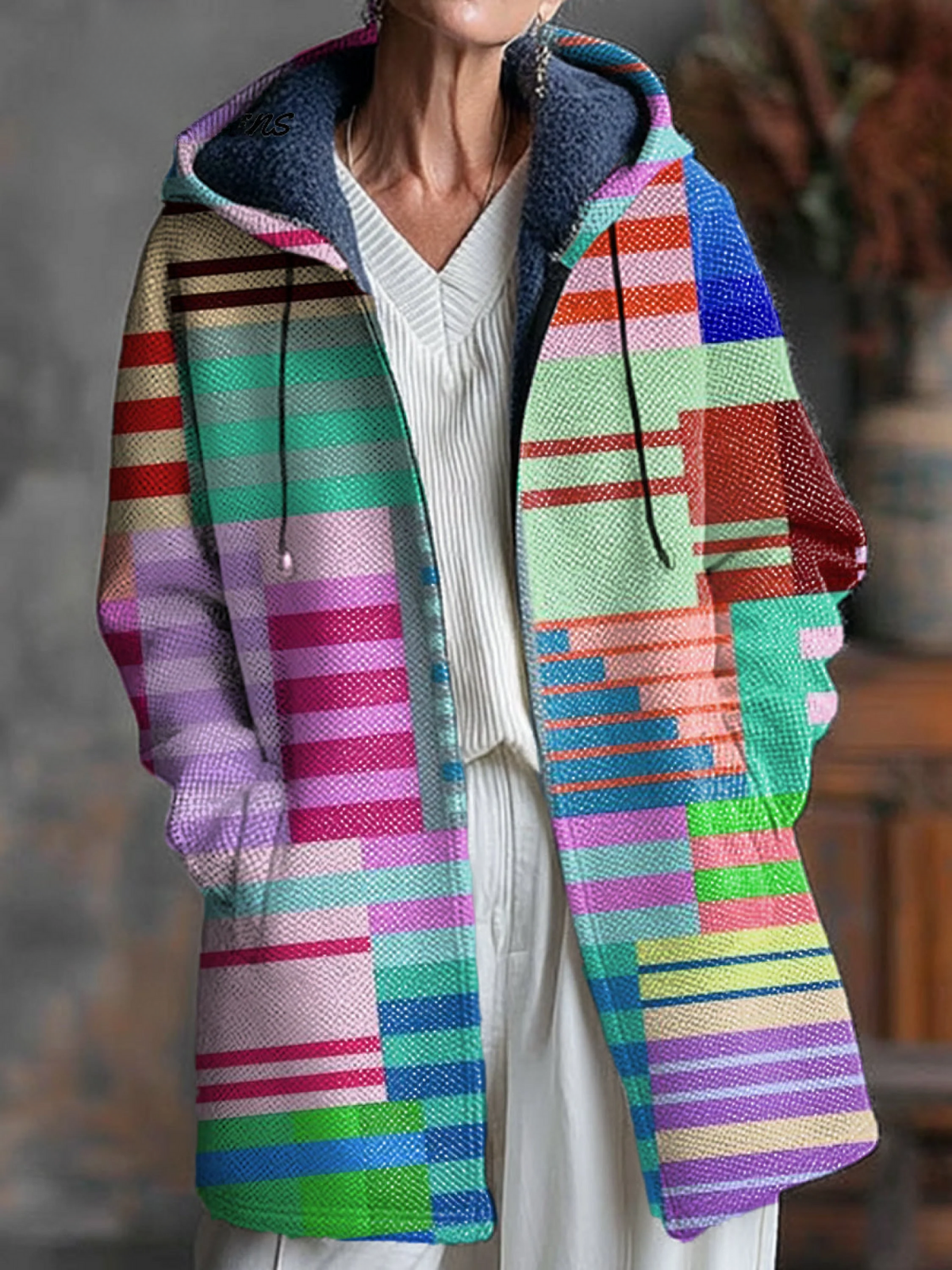 Beautiful Colourful Geometric Check Art Print Unisex Plush Thick Long-Sleeved Sweater Cardigan Coat