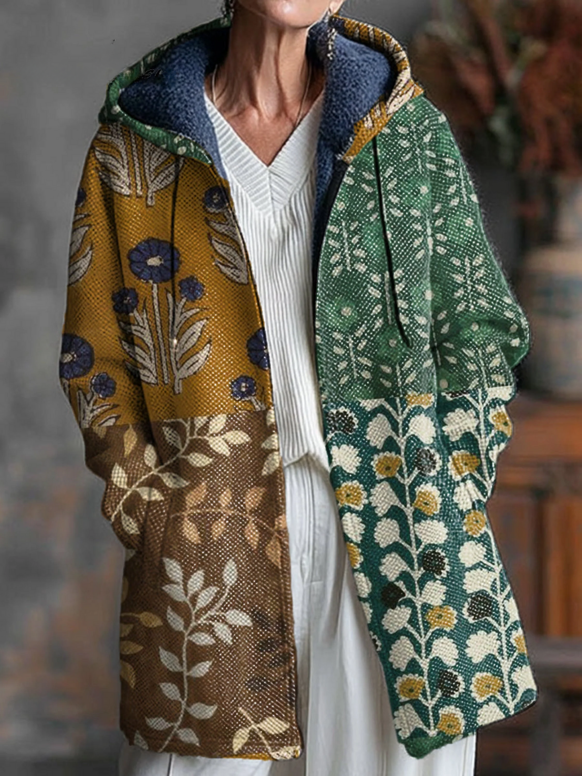 Vintage Ethnic Floral Botanical Painting Art Print Unisex Plush Thick Long-Sleeved Sweater Cardigan Coat