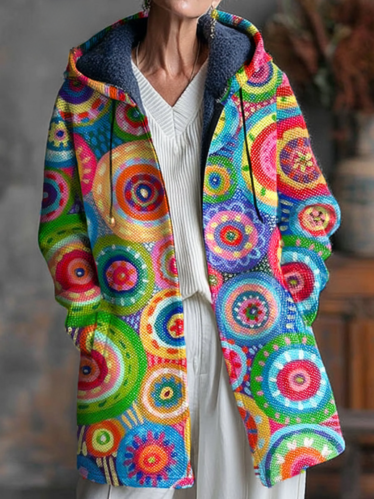 Abstract Colourful Circular Painting Art Print Unisex Plush Thick Long-Sleeved Sweater Cardigan Coat