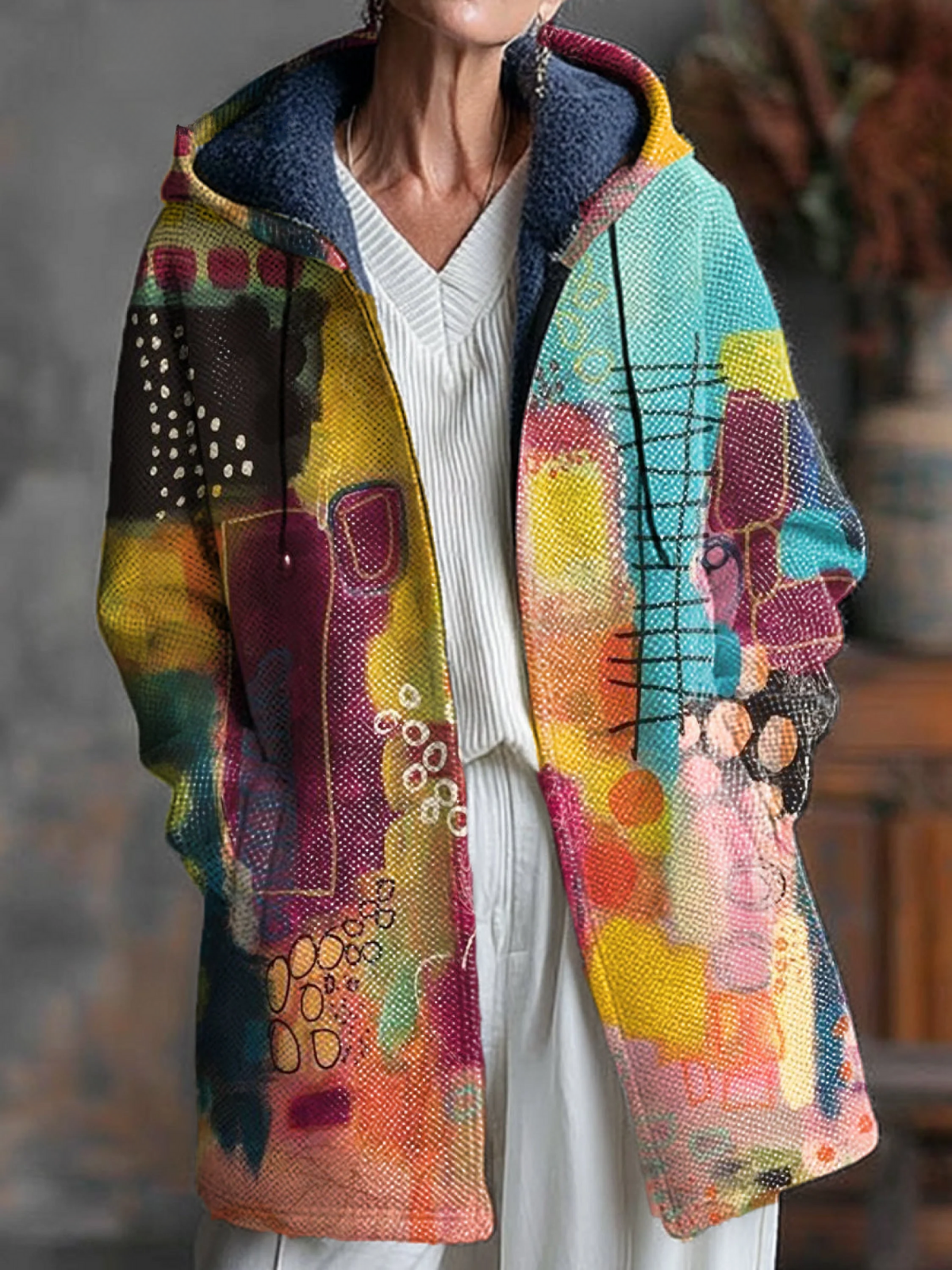 Abstract Multicolour Block Graffiti Painting Art Print Unisex Plush Thick Long-Sleeved Sweater Cardigan Coat